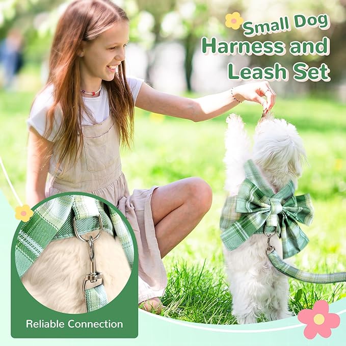 Cute Dog Harness and Leash Set with Bow Tie Soft Mesh Plaid Girl Puppy Harness No Pull Pet Cat Dog Vest Harness for Small Dogs Chihuahua Rabbit Outfit (Green,L)