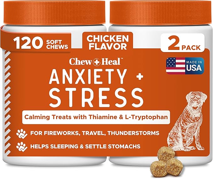 Dog Calming Treats - 2PK - 120 Soft Calming Chews for Dogs - Stress Relief Thiamine & L-Tryptophan for Travel & Storms - Anxiety Supplement with Ginger and Melatonin - Made in The USA
