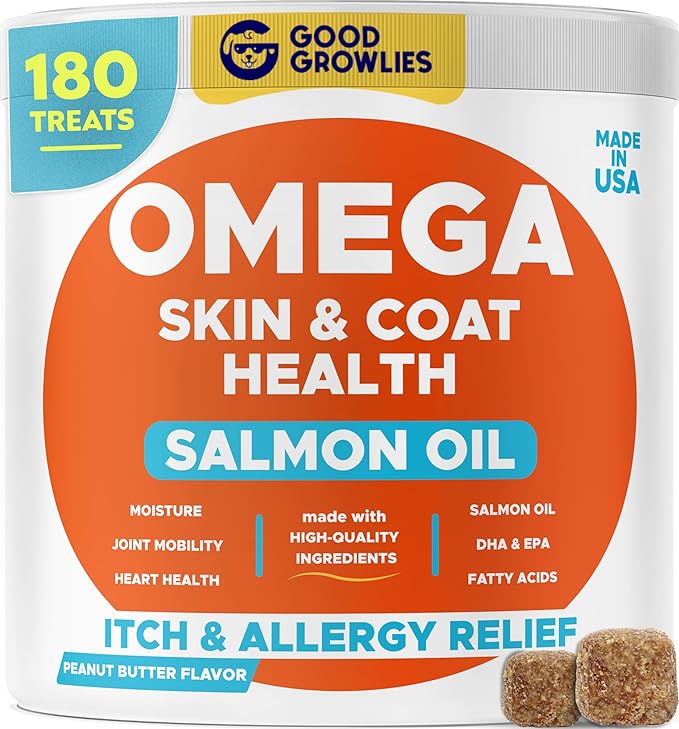 Omega 3 Fish Oil for Dogs (180Ct) - Skin&Coat Chews - Dry & Itchy Skin Relief + Allergy Support - Shiny Coat - EPA&DHA Fatty Acids - Salmon Oil Chews Promotes Heart, Hip & Joint Support