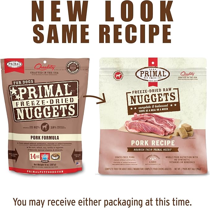 Primal Freeze Dried Raw Dog Food Nuggets, Pork, Complete & Balanced Meal, Also Use as Topper or Treat, Premium, Healthy, Grain Free, High Protein Raw Dog Food, 5.5 oz