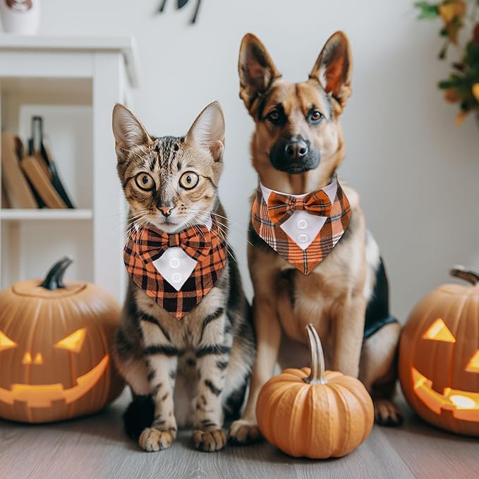 Cyeollo 2 Pack Fall Tuxedo Bandana With Bowtie, Plaid Tux Collar Costumes Thanksgiving Day Outfit for Small Medium Dogs, Orange M
