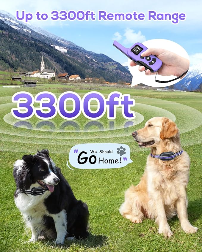 Dog Shock Collar for 2 Dogs (5-120lbs) 3300FT Dog Training Collar with Remote, Rechargeable E-Collar Waterproof Collars with 3 Training Modes for Large Medium Small Dog-Purple