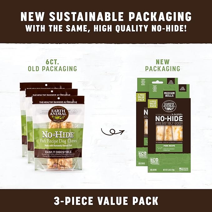 Earth Animal No Hide Medium Pork Flavored Natural Rawhide Free Dog Chews Long Lasting Chew Sticks | Treats for Large Dogs | Great for Aggressive Chewers (3 Pack)