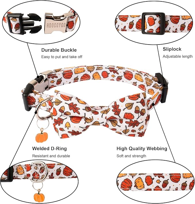 ADOGGYGO Thanksgiving Dog Collar with Bowtie, Fall Pumpkin Pet Thanksgiving Collars with Detachable Bow, Adjustable Fall Collars for Small Medium Large Dogs (Large)