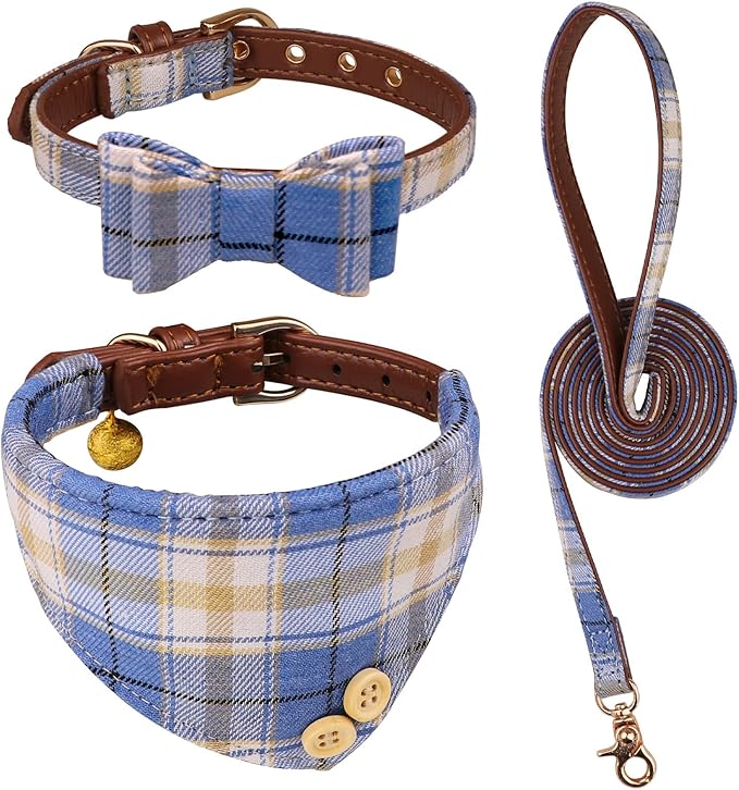 3 PCS Puppy Collar and Leash Set Dog Collars for Small Dogs Dog Bow Tie with Bell Puppy Bandana Leather Dog Collar for Small Dogs Puppies and Cats(Blue)
