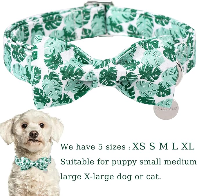 Summer Bow Tie Dog Collar, Comfortable Cotton Dog Collar with Bowtie for X-Large Dog Girl Boy, Hawaiian Dog Collar with Metal Buckle,Green, XL