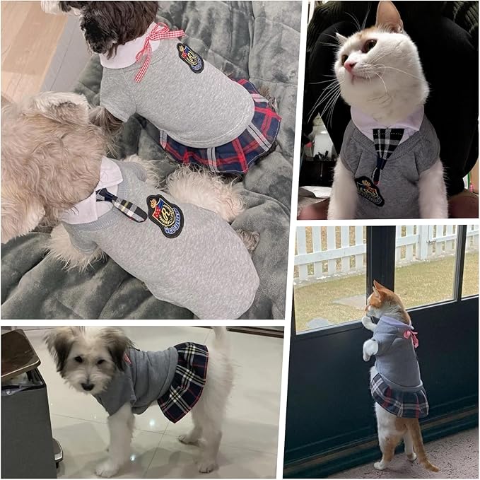 Pet Uniform School Skirts Sailor Costume Dog Campus Clothes Teddy Cute Bowtie Adorable Puppy Apparel (Medium,Gray Shirt)