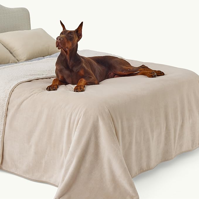Bedsure Waterproof Blanket for Bed - Sherpa Fleece Waterproof Dog Blankets for Large Dogs, Pet Blankets for Bed/Couch/Dog Crate, Soft Plush Reversible Furniture Protector, King Size, 108"x86", Cream