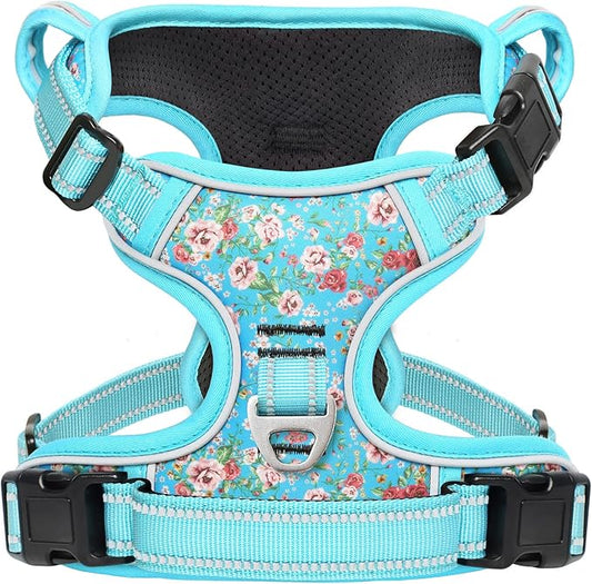 Timos No Pull Dog Harness,NO Need Go Over Dogs Head 3 Snap Buckles Reflective Oxford No Choke Puppy Harness with Front & Back 2 Metal Leash Clips Soft Padded for Small Medium Large Dogs