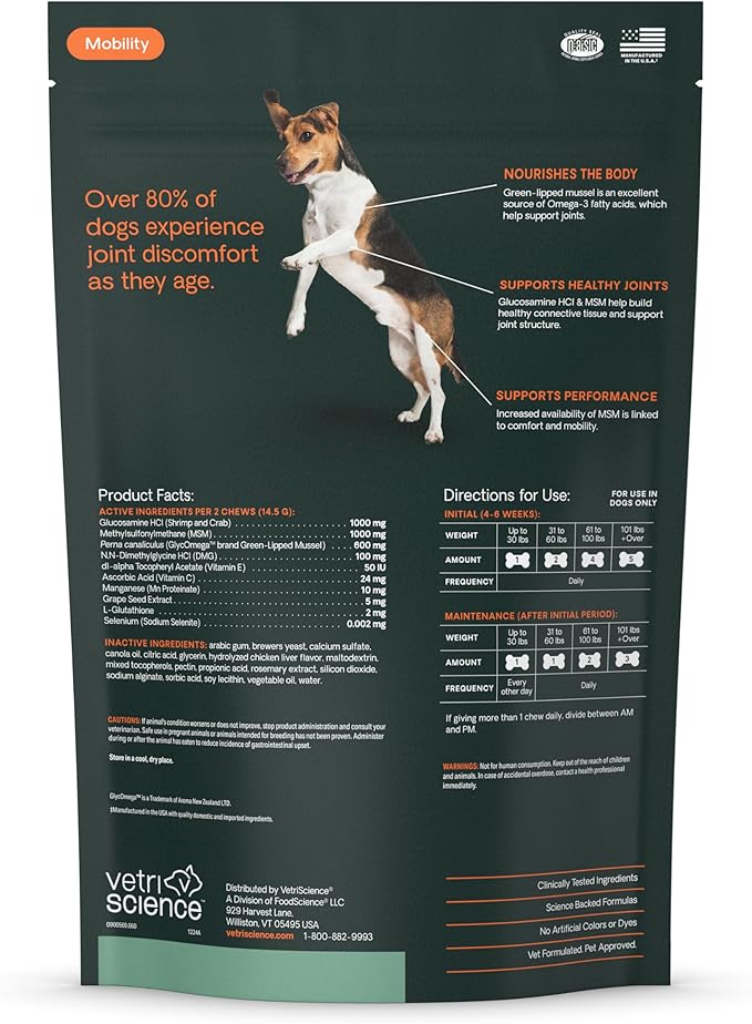 VETRISCIENCE Extra Strength Healthy Hip & Joint Chews, GlycoFlex Glucosamine and Green Lipped Mussels for Dogs, Promote Mobility and Soothe Joint Discomfort, Chicken, 60 Count
