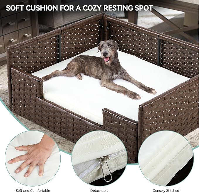 YITAHOME Rattan Dog Sofa Bed with Cushion,Wicker Pet Bed Sofa Couch Indoor Outdoor Water Resistant for Large Medium Small Dogs Cats (38.6''L*26.4''W*15''H,Beige)