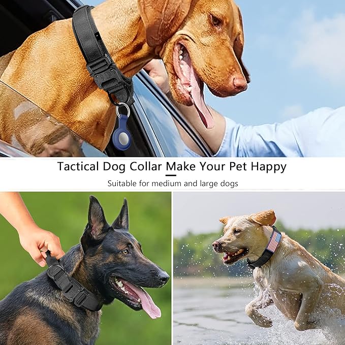 DAGANXI Tactical Dog Collar, Adjustable Military Training Nylon Dog Collar with Control Handle and Heavy Metal Buckle for Medium and Large Dogs, with Patches and Airtags Case (S, Black)