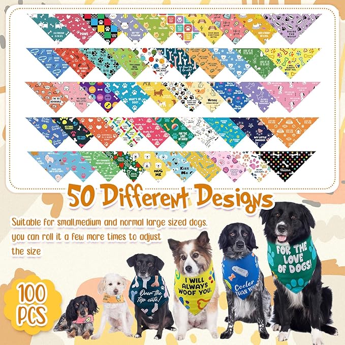 Sweetude 100 Pcs Plaid Dog Bandanas Bulk Paw Print Dog Scarf Bibs Puppy Pet Bandanas with Captions Adjustable Cat Outfit Washable Triangle Scarf Kerchief for Small to Medium(Vivid)