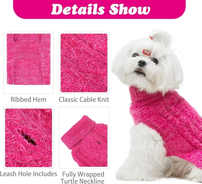 Turtleneck Small Dog Sweaters - Classic Cable Knitwear Winter Coat for Small Medium Dogs Male Female Puppy Dog Cold Weather Clothes Girls Boys, Hot Pink, M