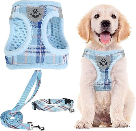 PUPTECK Adjustable Dog Harness Collar and Leash Set Step in No Pull Pet Harness for Small Medium Dogs Puppy and Cats Outdoor Walking Running, Soft Mesh Padded Reflective Vest Harnesses, Blue XS