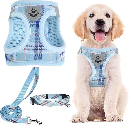 PUPTECK Adjustable Dog Harness Collar and Leash Set Step in No Pull Pet Harness for Small Medium Dogs Puppy and Cats Outdoor Walking Running, Soft Mesh Padded Reflective Vest Harnesses, Blue XL