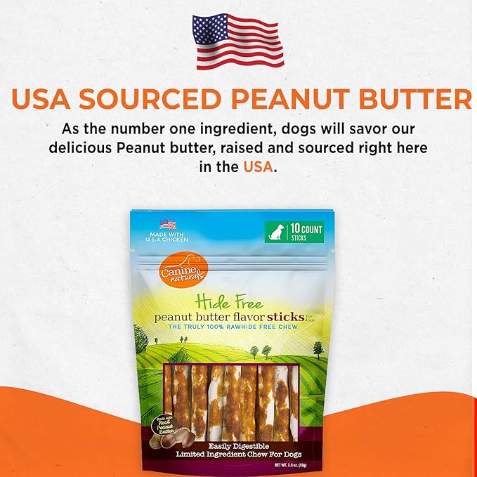 Canine Naturals Peanut Butter Chew - Rawhide Free and Dog Treats - Made from Real Peanut Butter - All-Natural and Easily Digestible - 10 Pack of 5 Inch Stick Chews