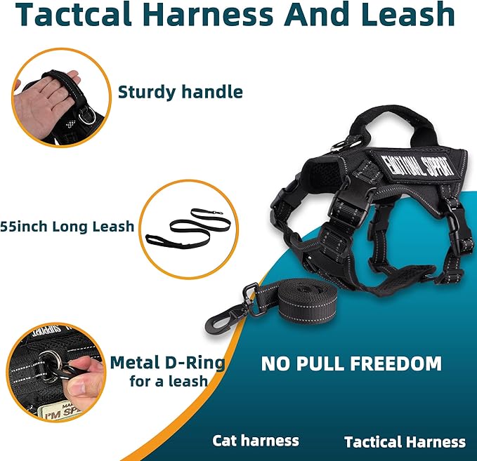 Tactical Cat Harness and Leash Black for Walking Esacpe Proof, Adjustable Soft Mesh Large Cat Vest with Handle Easy to Control,Molle Patches L