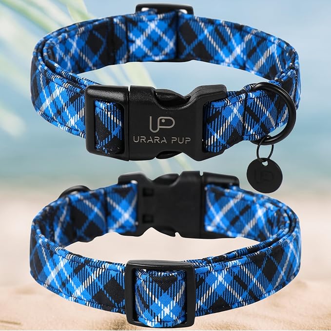 Autumn Cotton Dog Collar, Blue Plaid with Plastic Buckle, Adorable Pet Collar for Puppy, Cat or Dog