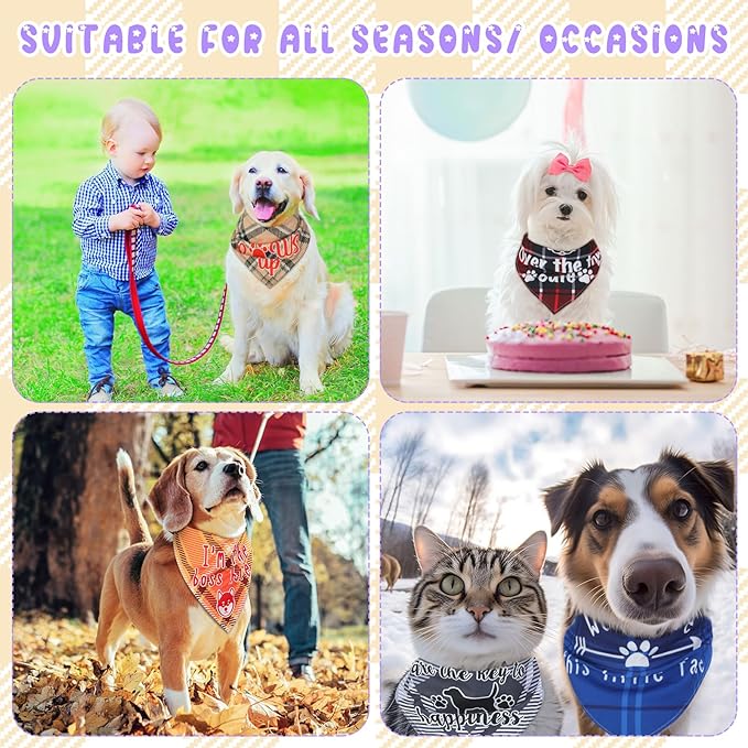 200 Pcs Dog Bandana Bulk Summer Plaid Grooming Pet Bandanas with Cute Sayings for Small to Large Dog Puppy Scarf Spring Holiday Costume Birthday Supplies for Small to Large Cats(Adorable Style)