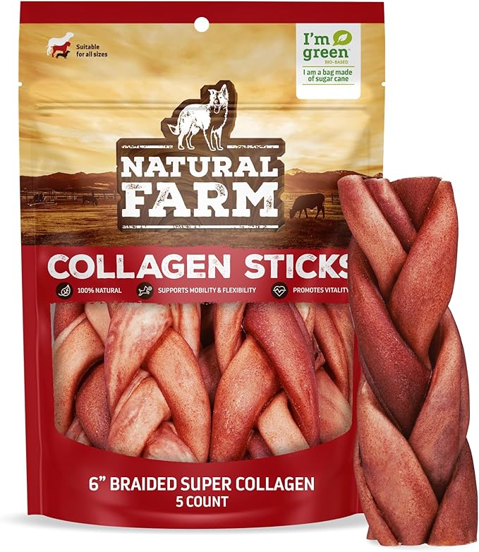 Natural Farm Odor-Free Super Braided Collagen Dog Chews (6-Inch, 5-Pack) First Ever Real Bull Sticks Alternative, 100% Natural Angus Hide Collagen Treats- More Protein More Chew Time for All Dogs