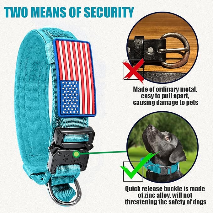 Tactical Military Dog Collar - Adjustable Nylon, Heavy Duty Metal Buckle with Handle for Dog Training, with Patches (Light Blue 1, L)