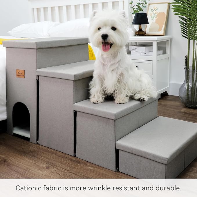 Dog Stairs with Condo 23" H, 4-Step Wider Dog Steps for High Beds Window, Folding Storage Pet Stairs Gift for Small/Medium/Large Old Dogs Cats, Ramp for Climbing Car Up to 200 lbs, Smok Gray