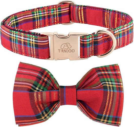 Tunkoo Dog Collar Christmas Plaid with Elegant Bow Tie Soft Comfy Cotton Adjustable Collar, Premium Metal Buckle for Puppy and Cat Small Medium Large(Red Plaid,M)