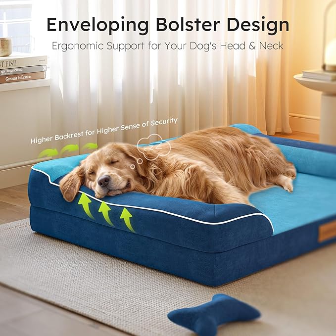 Jumbo Dog Bed for Extra Large Dogs, Orthopedic Dog Bed with Cooling Gel Memory Foam, Waterproof Pet Bed with Removable Washable Cover, 45" Pet Sofa Couch Dutch Velvet with Bone Toy, Navy Blue