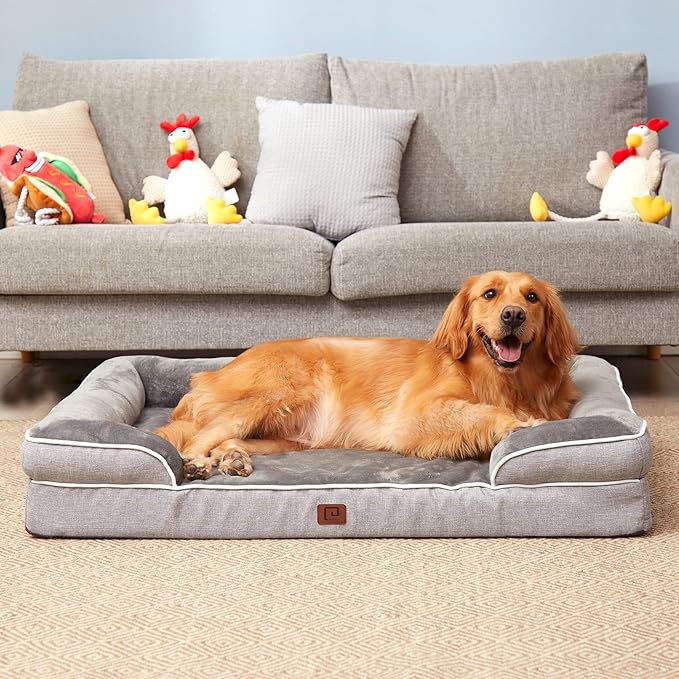 EHEYCIGA Orthopedic Dog Beds for Extra Large Dogs, Waterproof Memory Foam XXL Pet Bed with Sides, Non-Slip Bottom and Egg-Crate Foam Big Dog Couch Bed with Washable Removable Cover, Grey