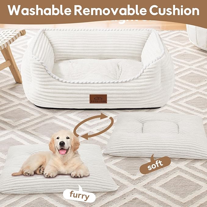 Rectangle Orthopedic Dog Bed for Large Dogs,Dog Sofa Beds Supportive Foam Pet Couch Bed with Removable Washable Mat and Nonskid Bottom (Large, Cream)