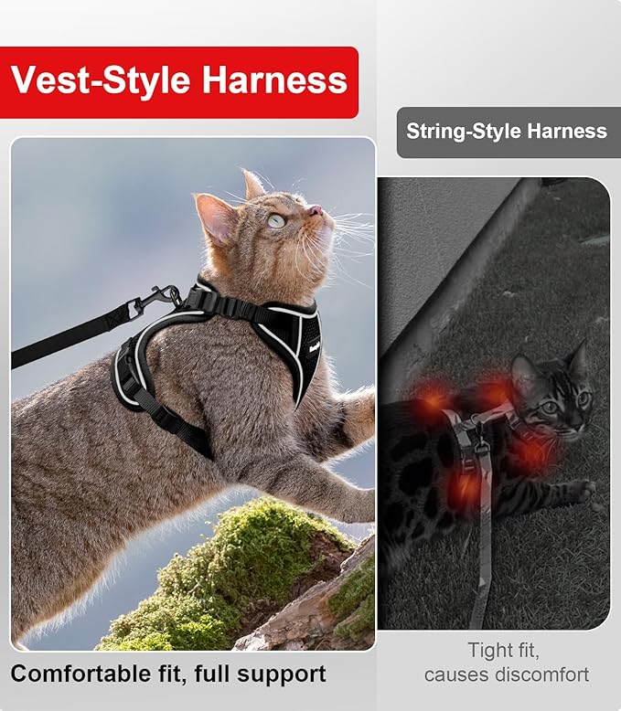 Cat Harness and Leash for Walking Escape Proof Soft Adjustable Cat Leash Breathable Comfortable Vest Easy to Wear Kitten Harness for Outdoor Travel Black XS