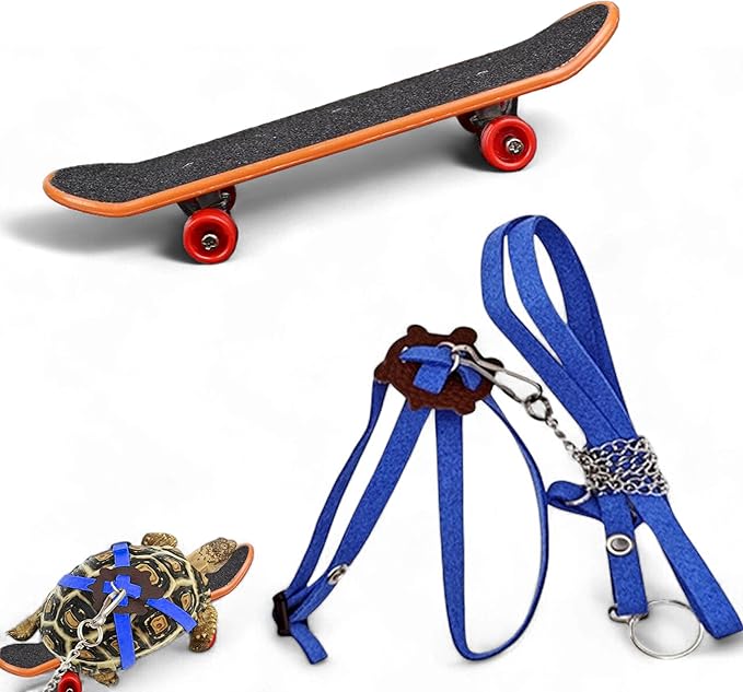 Tortoise Harness and Leash with Toy Skateboard for Turtle set, Funny Tortoise Skateboard and Adjustable Leather Harness Leash, Training Skateboard and Turtle Harness Leash Pet Tortoises Toys (Blue, S)
