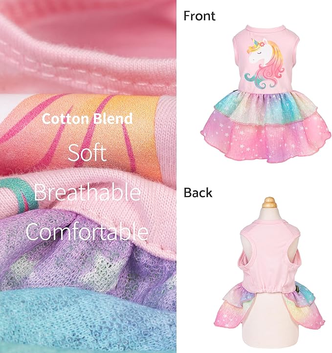 Fitwarm Rainbow Unicorn Dog Tutu Dress, Summer Clothes for Small Dogs Girl, Pet Birthday Outfit, Pink, Large