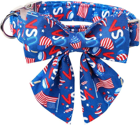 Lionet Paws Patriotic Dog Collar with Sailor Bow, 4th of July, Soft and Comfortable Adjustable American Flag Collar for Puppies and Cats, XXS, Neck 7-11 inches