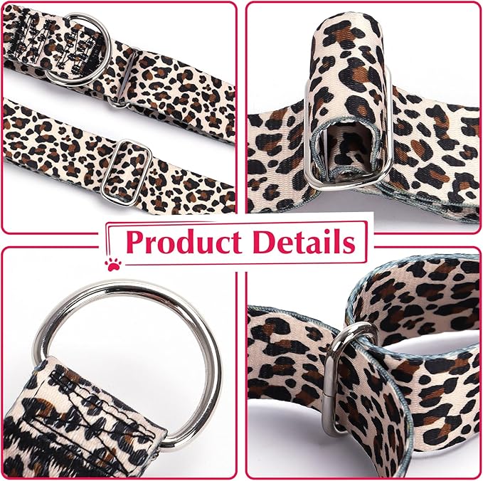 1.5 Inches Martingale Collar for Medium Dogs,Wide Adjustable Heavy Duty Training Collars with Leopard Pattern,No Slip Dog Collar Perfect for Training,Walking, Hunting(Leopard M)