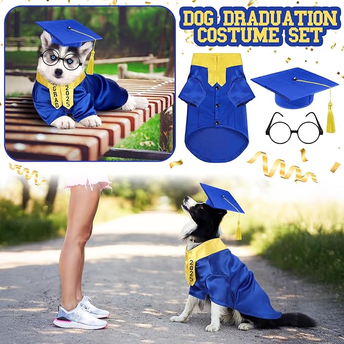 5 Pcs Dog Graduation Costume Set Include 2025 Pet Graduation Gown with Stole Puppy Grad Cap Lensless Glasses DIY Letter Stickers for Dogs Cats Holiday Costume Accessory(Blue Yellow,S)