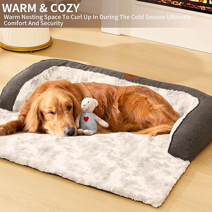 Calming Dog Couch Bed Mat, 35x31 Inch Waterproof Fluffy Sofa Cover, Furniture Protector with Handle, Removable and Washable Pet Bed for Small Medium Dogs and Cats (Grey)