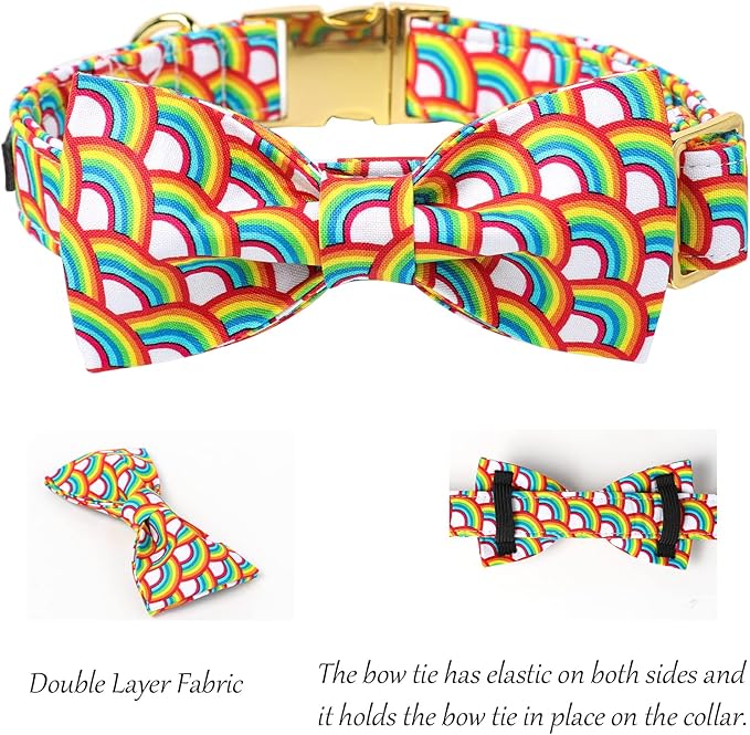 Lionet Paws Rainbow Dog Collar with Bowtie, Soft and Comfortable Adjustable LGBT Pride Bowtie Collar for X-Large Dogs Male Female Gift, Neck 16-26 inches