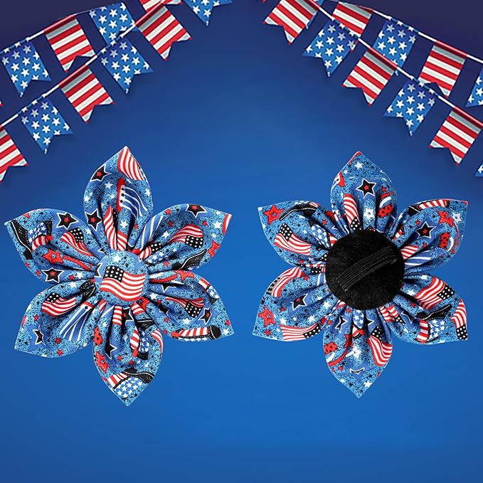 Patriotic Dog Collar with Bow Tie, 4th of July Flower Dog Collar, American Flag Collar for X-Large Boy Girl Dog, Comfortable Summer Flower Collar with Metal Buckle, XL