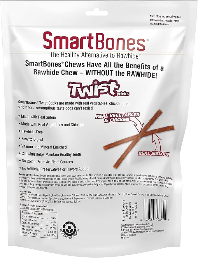 SmartBones Twist Sticks Made with Real Sirloin, 50 Count, Treat Your Dog to a Rawhide-Free Chew