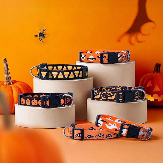 Native Pup Halloween Dog Collar- Spooky Fall Themed Horror Costume Collars- Skull, Pumpkin, Ghost, Bat, Witch, Candy Corn, Spider- Adjustable for Small, Medium, Large Breeds (Medium, Bats and Moon)