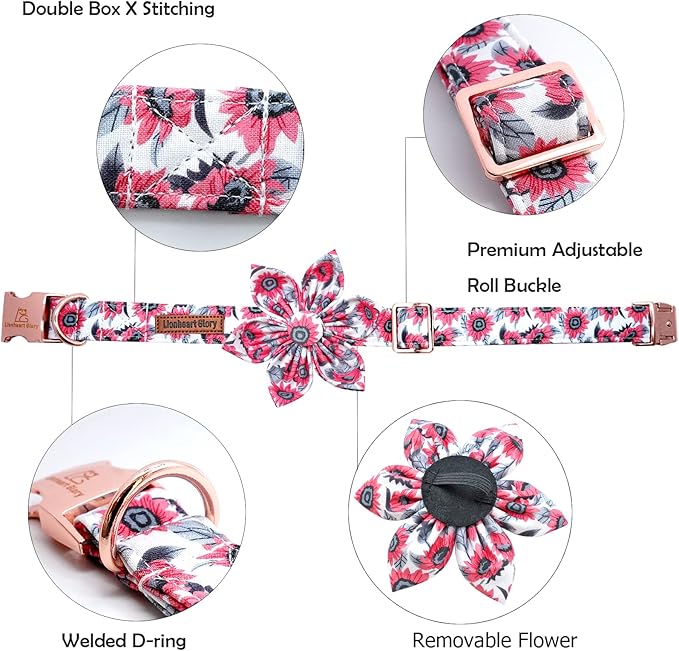 Lionheart glory Dog Collar with Flower Pink Dog Collars for Female Dogs Soft Durable Adjustable Collar Flower Spring Collar Dog Bow for Medium Dogs
