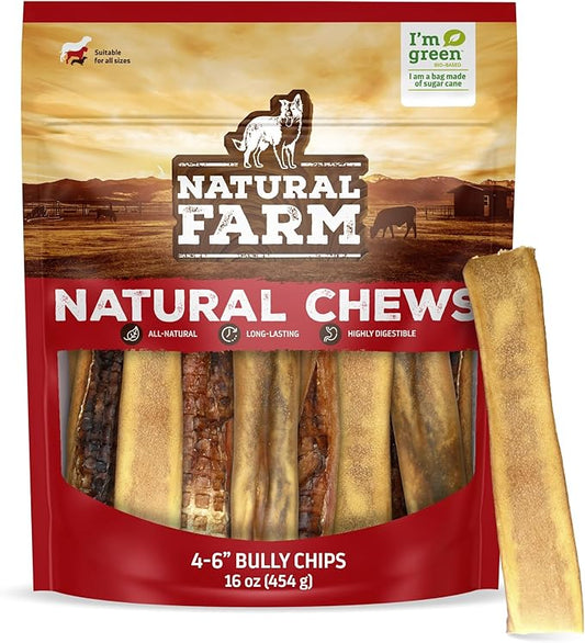 Natural Farm Bully Slices (4-6 Inch, 16 Oz.), Beef Cheek Chips from Grass-Fed Cows, Non-GMO, Grain-Free, Natural Long-Lasting Dog Chews for Small, Medium & Large Dogs, Great Rawhide Alternative