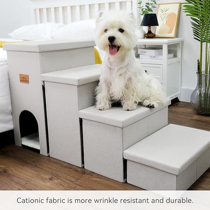 Dog Stairs with Storage 23" H, 4-Step Wider Dog Steps for High Beds Window, Folding Sturdy Pet Stairs Gift for Small/Medium/Large Old Dogs Cat, Ramp for Climbing Car Up to 200 lbs, Beige Gray