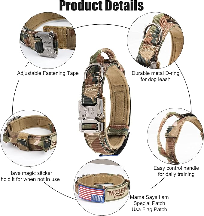 KCUCOP Tactical Dog Collar - Heavy Duty Collar with Handle and Metal Buckle, Military Thick Dog Collars for Medium and Large Dogs(Upgrade Camo-L, 2 Patches)