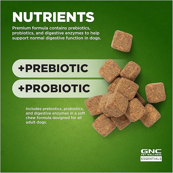 GNC Pets Essentials Digestion Supplements for All Dogs 60ct 2.2g Soft Chews Bacon Flavor 12oz Reusable Container | Daily Supplements for Dogs Digestion (FF15595)
