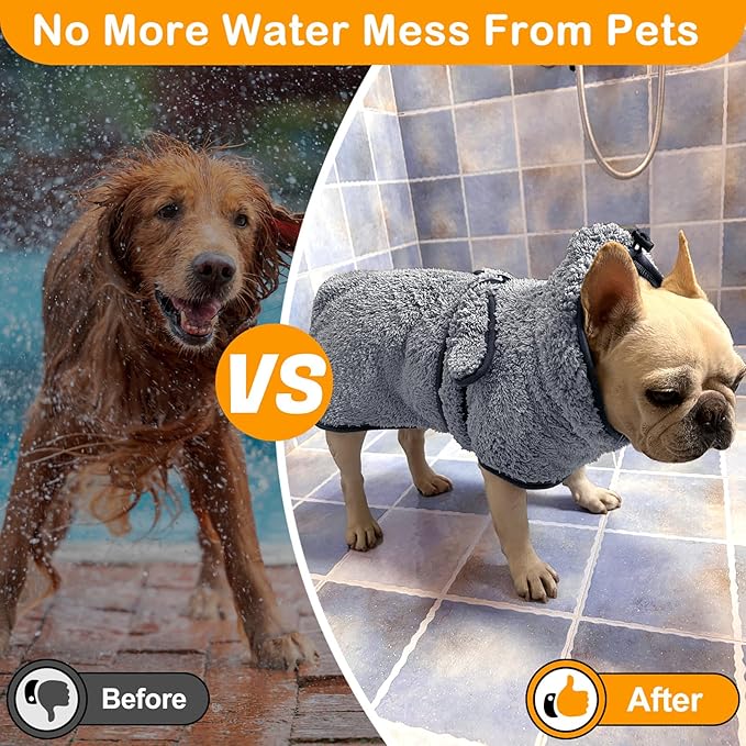 Bienbee Soft Dog Bathrobe,Super Absorbent & Quick-Drying Dog Robe with Hood, Cozy Drying Coat for After Bath, Grey XL