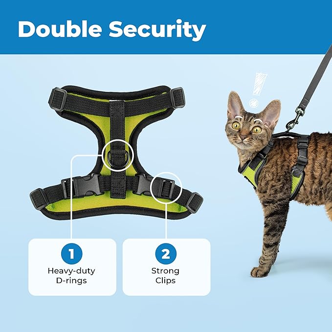 Voyager Escape Proof Cat Harness and Leash Set with Reflective Stitching, Neoprene Handle 5ft - Supports Small, Medium and Large Cats, Kittens for Walking by Best Pet Supplies - Black Trim-Lime, S