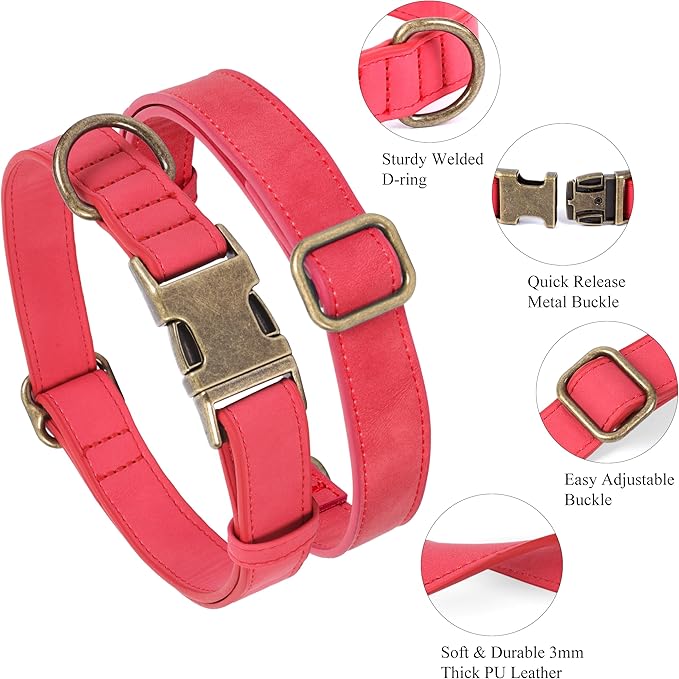Soft Leather Dog Collar for Small Medium Large Dogs, Heavy Duty Dog Collar Leather with Quick Release Metal Buckle, Durable & Adjustable for Large Dogs Walking (Red, L)